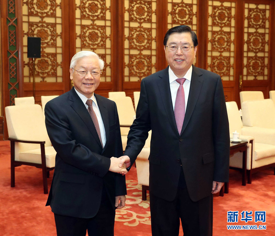 1月13日，中共中央政治局常委、全國人大常委會(huì)委員長張德江在北京人民大會(huì)堂會(huì)見越共中央總書記阮富仲。 新華社記者 劉衛(wèi)兵 攝