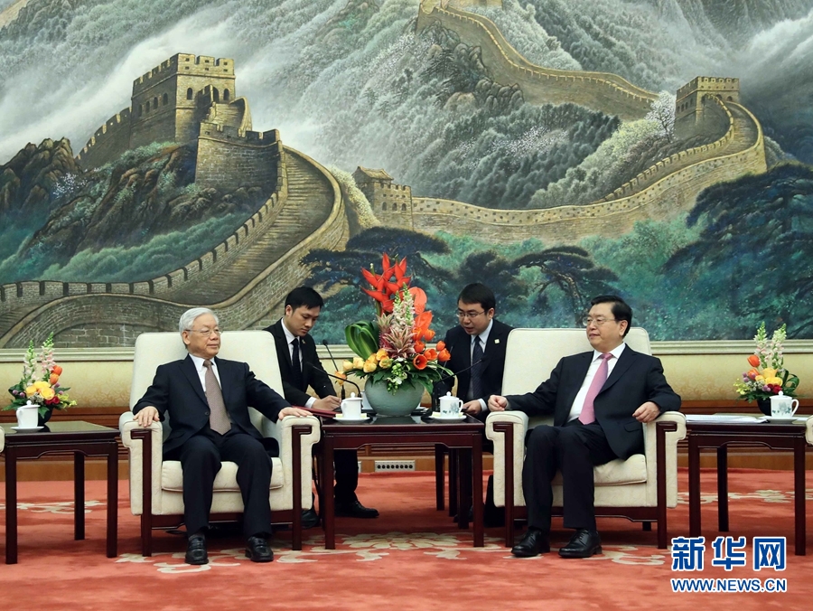 1月13日，中共中央政治局常委、全國人大常委會(huì)委員長張德江在北京人民大會(huì)堂會(huì)見越共中央總書記阮富仲。 新華社記者 劉衛(wèi)兵 攝