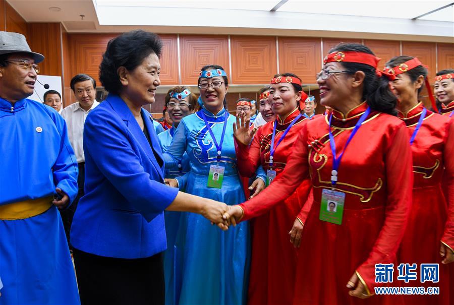8月9日，中共中央政治局委員、國務(wù)院副總理、中央代表團(tuán)副團(tuán)長劉延?xùn)|率中央代表團(tuán)二分團(tuán)到赤峰看望慰問各族干部群眾。這是劉延?xùn)|在赤峰市群眾藝術(shù)館和群眾親切交談。新華社記者 連振 攝