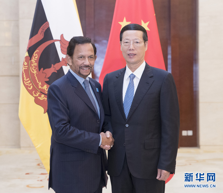 9月11日，中共中央政治局常委、國(guó)務(wù)院副總理張高麗在廣西南寧會(huì)見(jiàn)前來(lái)出席第十四屆中國(guó)－東盟博覽會(huì)和中國(guó)－東盟商務(wù)與投資峰會(huì)的文萊蘇丹哈桑納爾。新華社記者王曄攝