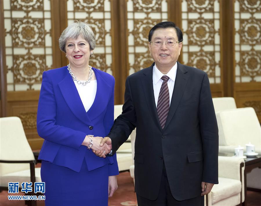 2月1日，全國人大常委會委員長張德江在北京人民大會堂會見英國首相特雷莎·梅。新華社記者 李濤 攝