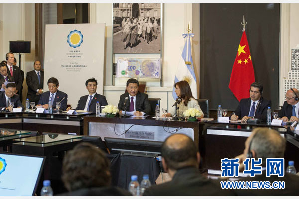 當?shù)貢r間7月18日，國家主席習近平在布宜諾斯艾利斯同阿根廷總統(tǒng)克里斯蒂娜舉行會談。 新華社記者 李學仁 攝
