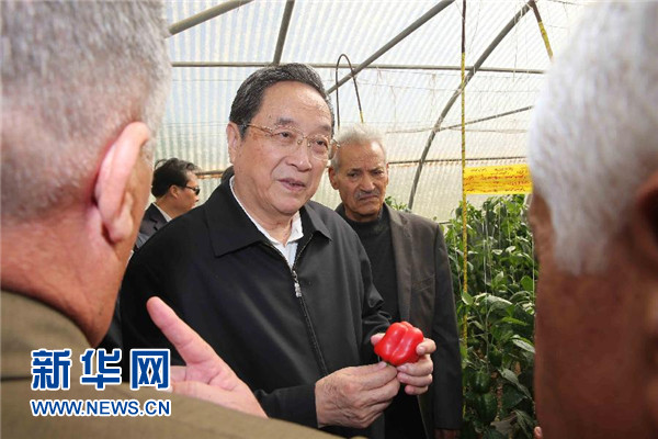 11月8日，正在約旦進(jìn)行正式友好訪問(wèn)的全國(guó)政協(xié)主席俞正聲在約旦河谷參觀碩果農(nóng)業(yè)合作社。 新華社記者 劉衛(wèi)兵 攝 