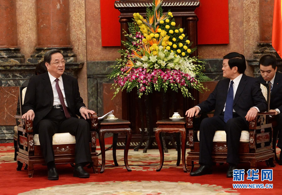 12月25日至27日，中共中央政治局常委、全國政協(xié)主席俞正聲對越南進(jìn)行正式訪問。這是12月26日，俞正聲在河內(nèi)會(huì)見越南國家主席張晉創(chuàng)。 新華社記者劉建生攝