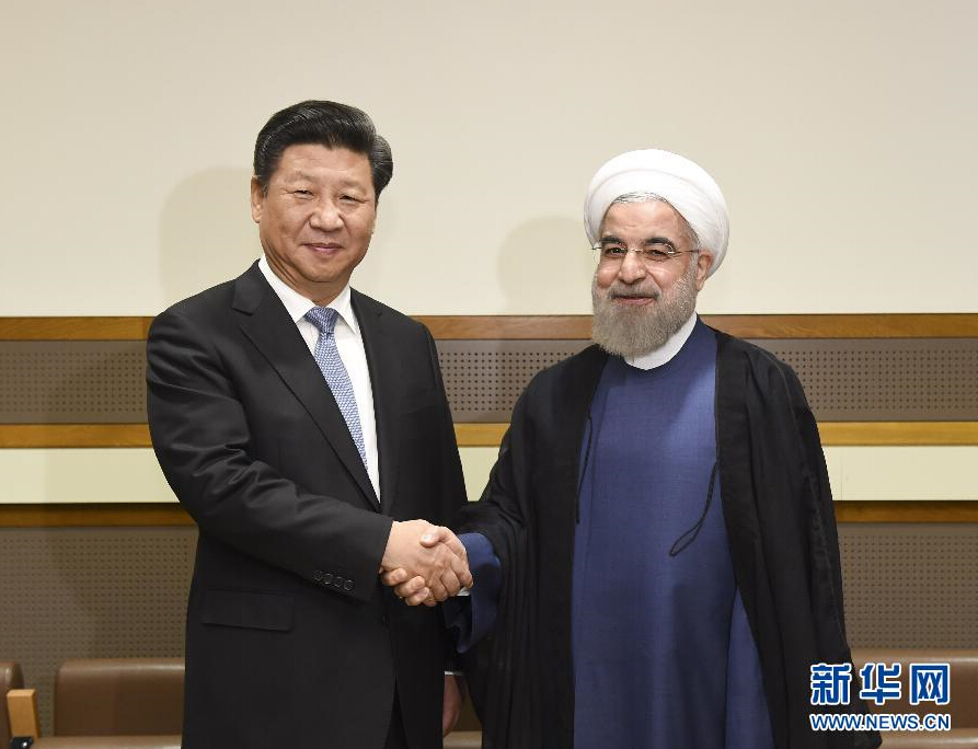 9月28日，國(guó)家主席習(xí)近平在紐約會(huì)見(jiàn)伊朗總統(tǒng)魯哈尼。 新華社記者李學(xué)仁 攝