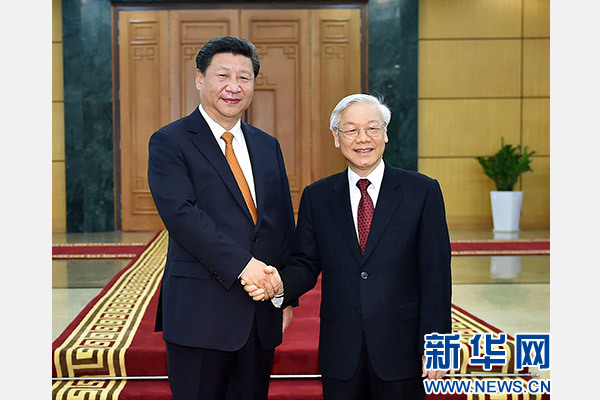 11月5日，中共中央總書記、國家主席習(xí)近平在河內(nèi)同越共中央總書記阮富仲舉行會談。 新華社記者李濤攝