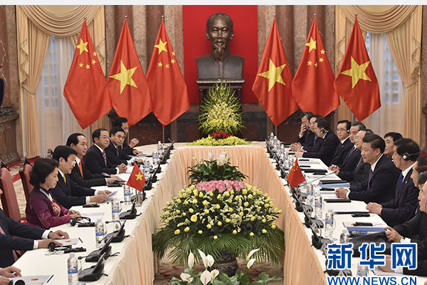11月6日，中共中央總書記、國家主席習近平在河內同越南國家主席張晉創(chuàng)舉行會談。 新華社記者李濤攝